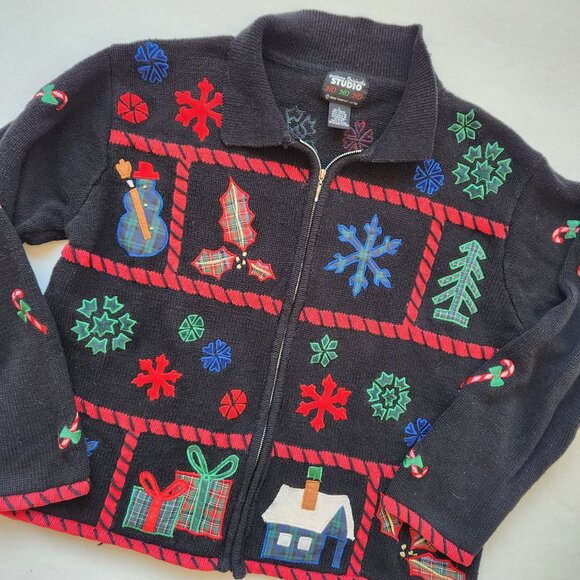 Vintage Ugly Christmas Sweater Cardigan Embroidered Teddy Bears Winter Cute - Picture 1 of 9